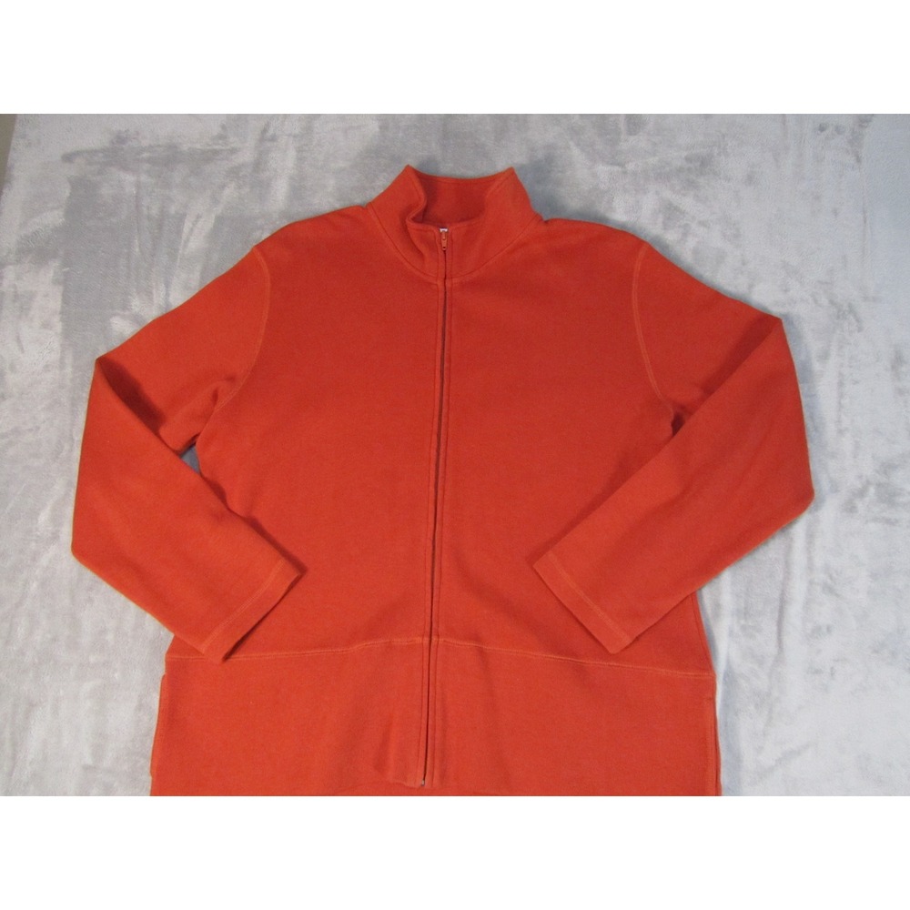 Orvis Mens Full Zip Fleece Jacket Mock Neck Burnt Orange Ribbed Pockets Large
